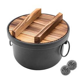 WANGYUANJI Cast Iron Dutch Oven with Wooden Lid, Safe and Non-Coatings, Deep Pot For Camping, 7.9" Cast Iron Pot With Handles for Cooking Rice, S