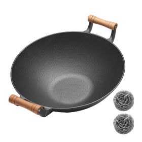 WANGYUANJI Large Cast Iron Wok 14.2", Classic Dual Handles Frying Pan, Large-capacity Commercial Household, Wooden Handles, For All Stove
