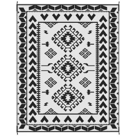Reversible Outdoor Rug, Waterproof Plastic Straw with Carry Bag, 8' x 10', Black & White Rhombus Patchwork