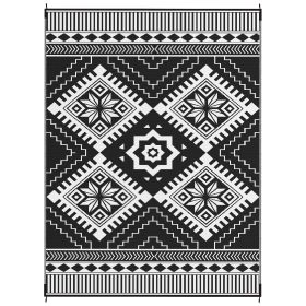 Reversible Outdoor Rug, Waterproof Plastic Straw with Carry Bag, 9' x 12', White & Black Toothed Rhombus